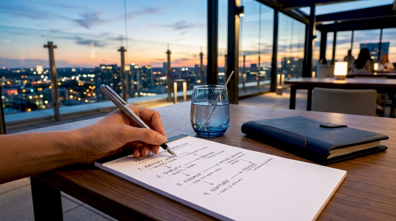 Executive hand mapping prospecting workflow plan