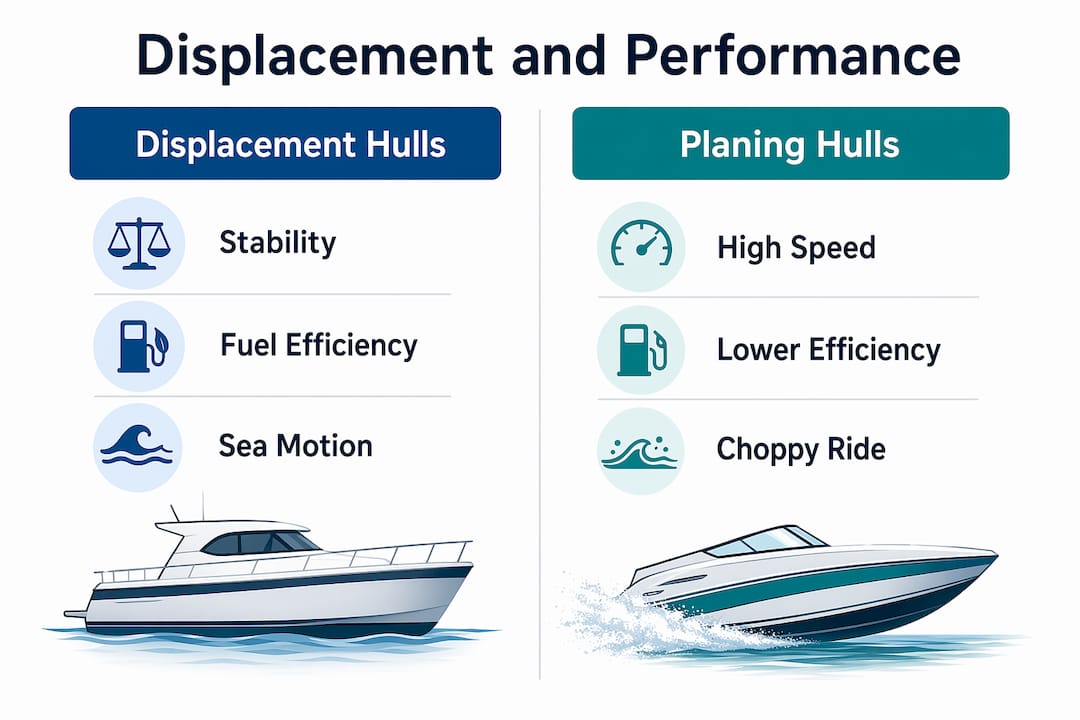 Infographic comparing displacement and planing hulls
