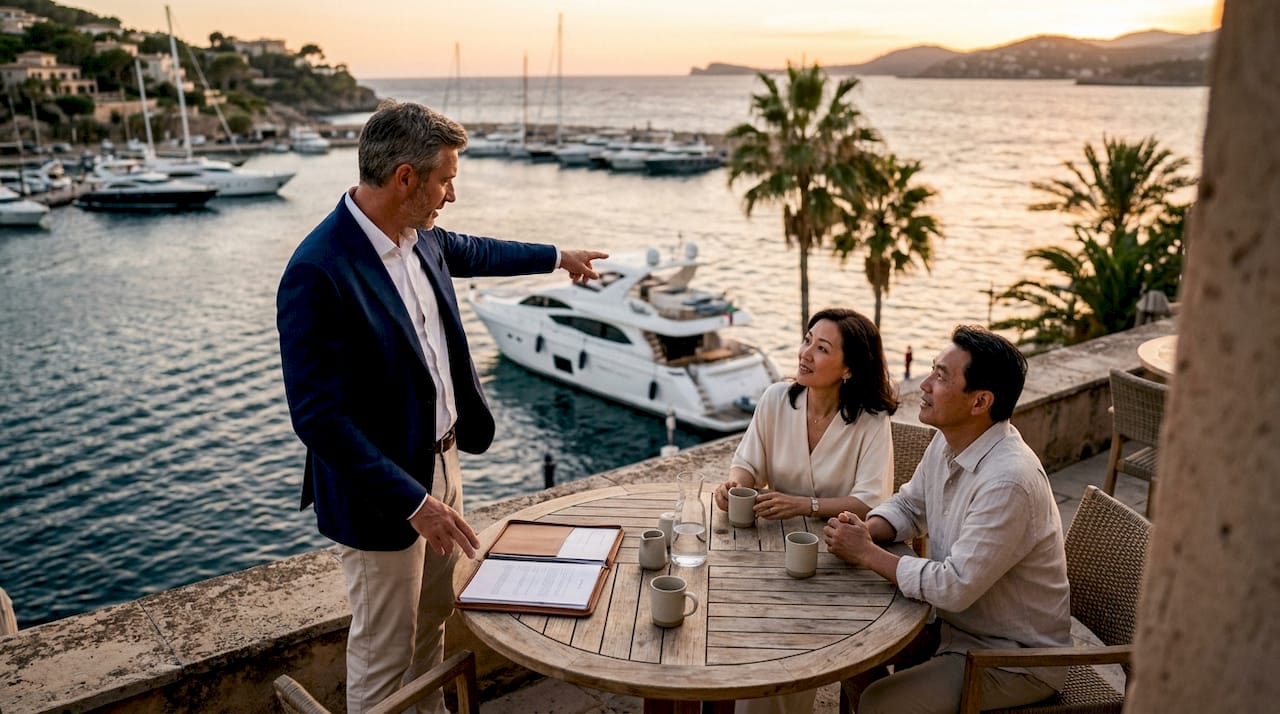 Yacht broker advising couple at marina dock