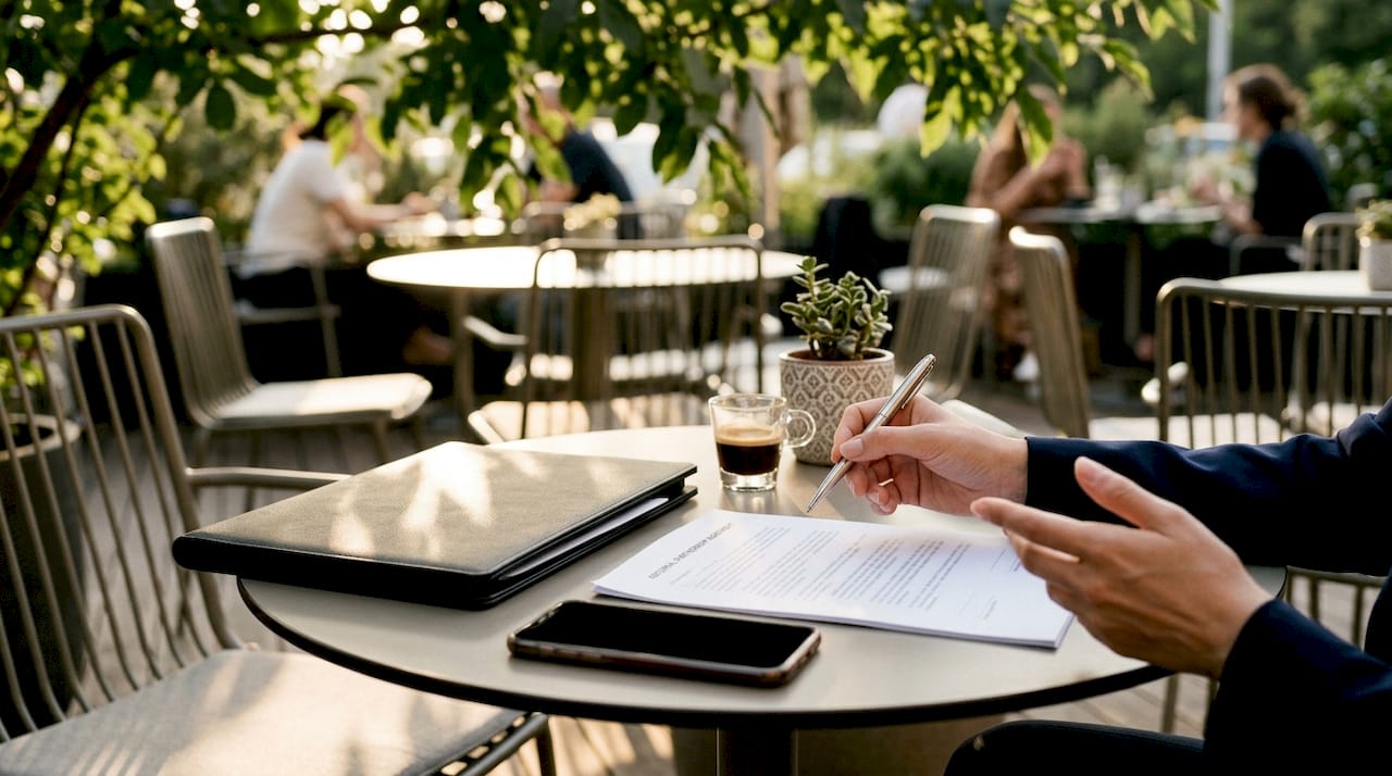 Hands preparing referral agreement at luxury coffee shop table