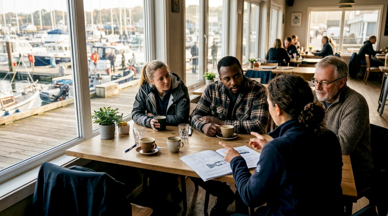 Maritime team discussing fleet coordination in meeting room