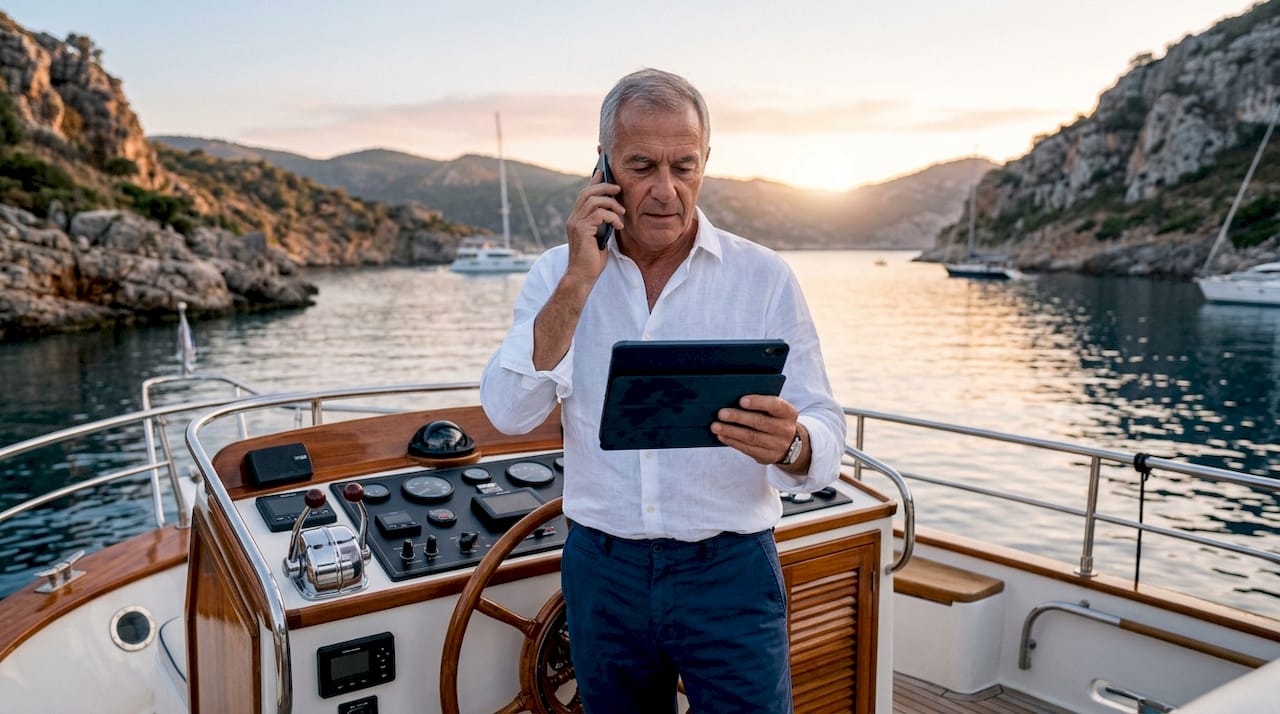 Yacht owner planning liquidity by marina on phone