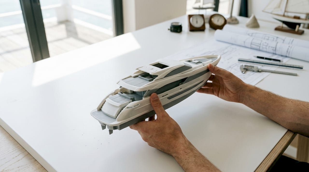 Hands rotating yacht hull model demonstrating motions