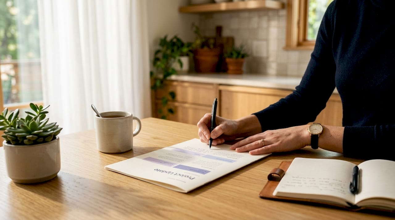 Hands writing notes on project update document