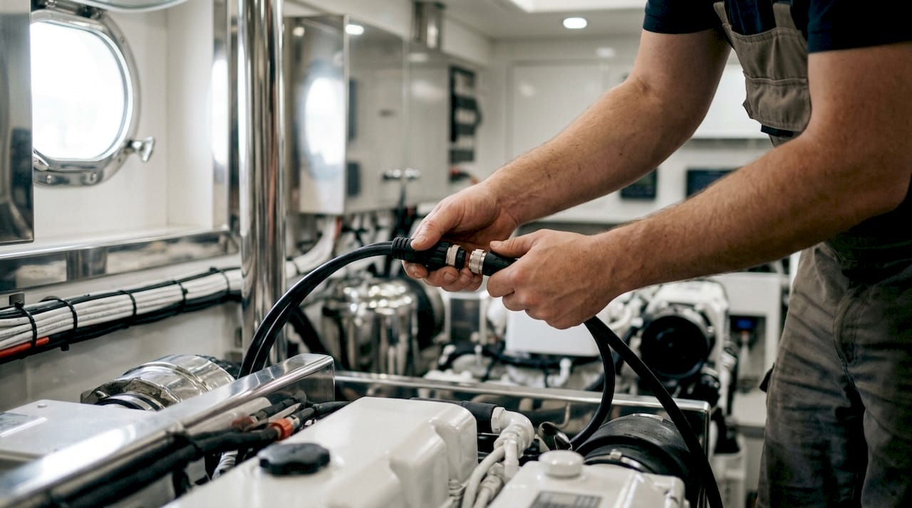 Hands connecting marine-grade NMEA 2000 cables