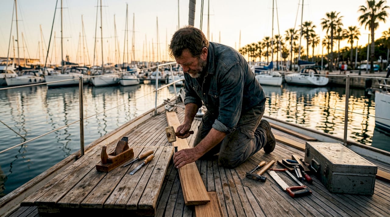 Hands restoring teak deck on vintage yacht