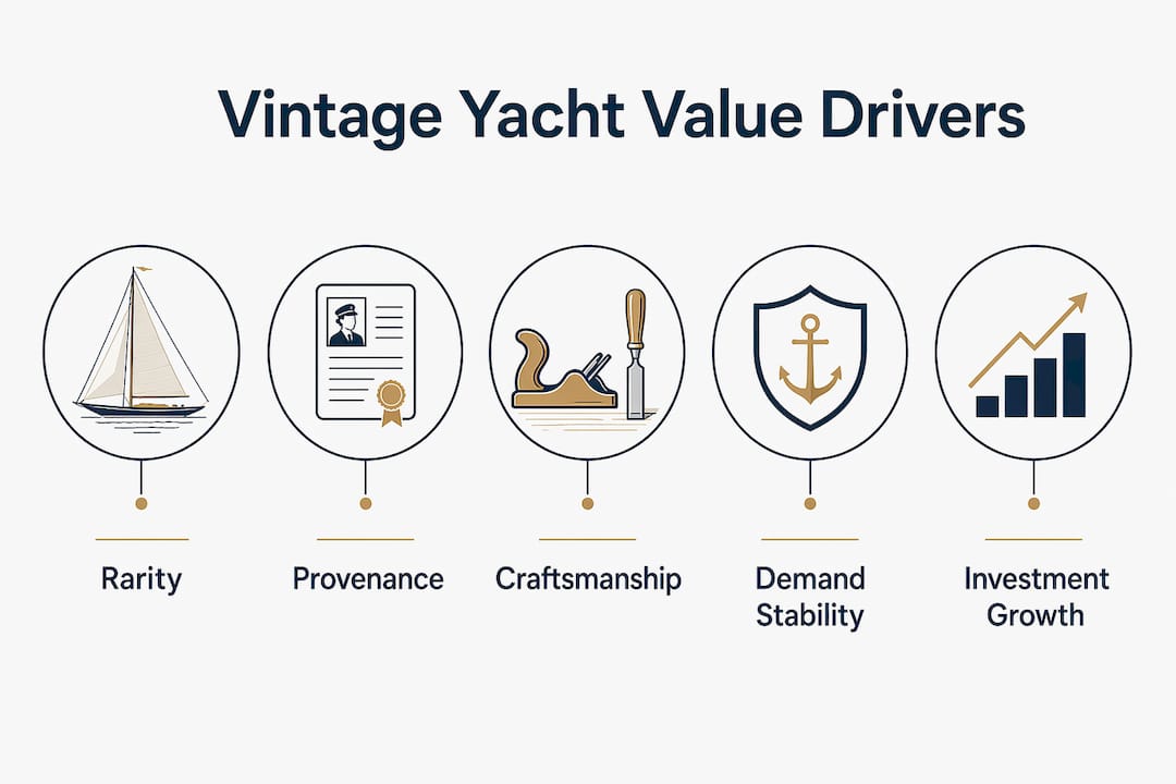 Infographic showing key drivers of vintage yacht value