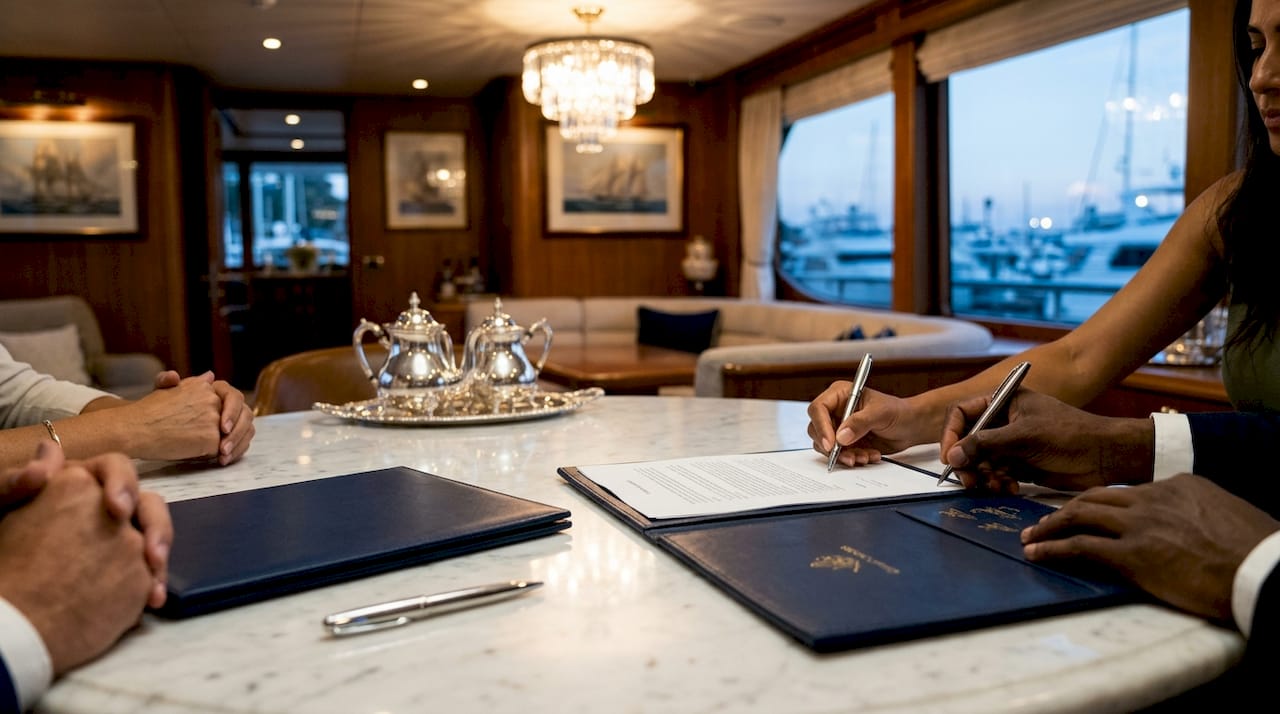 Close-up of hands signing yacht sale document