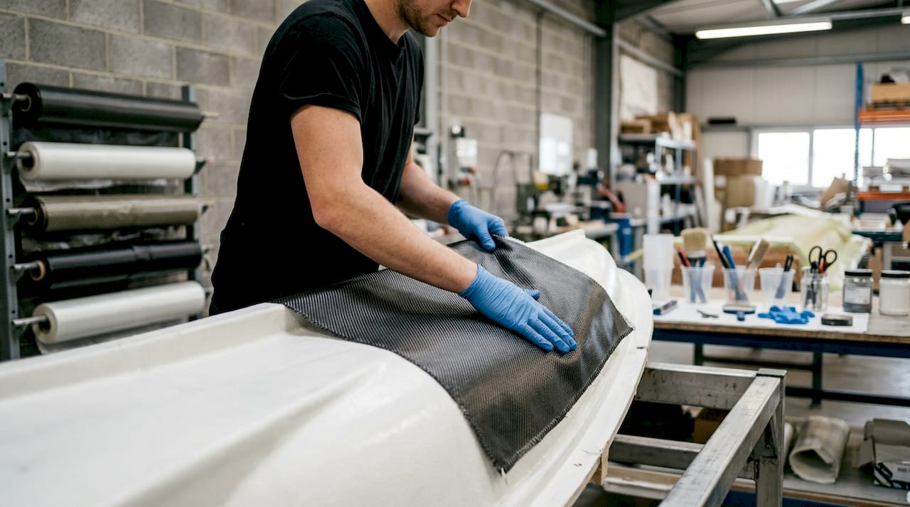 Hands laying carbon fiber sheets on yacht mold