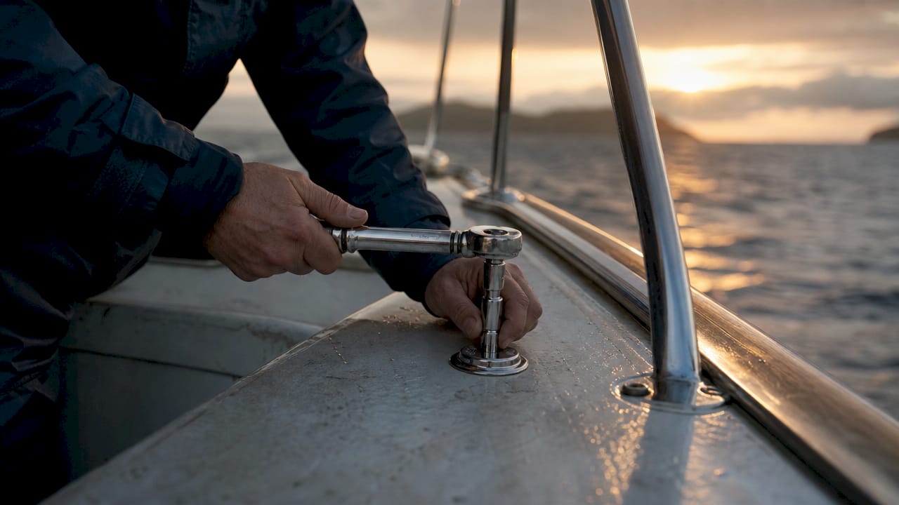 Close-up of marine surveyor inspecting boat deck hardware