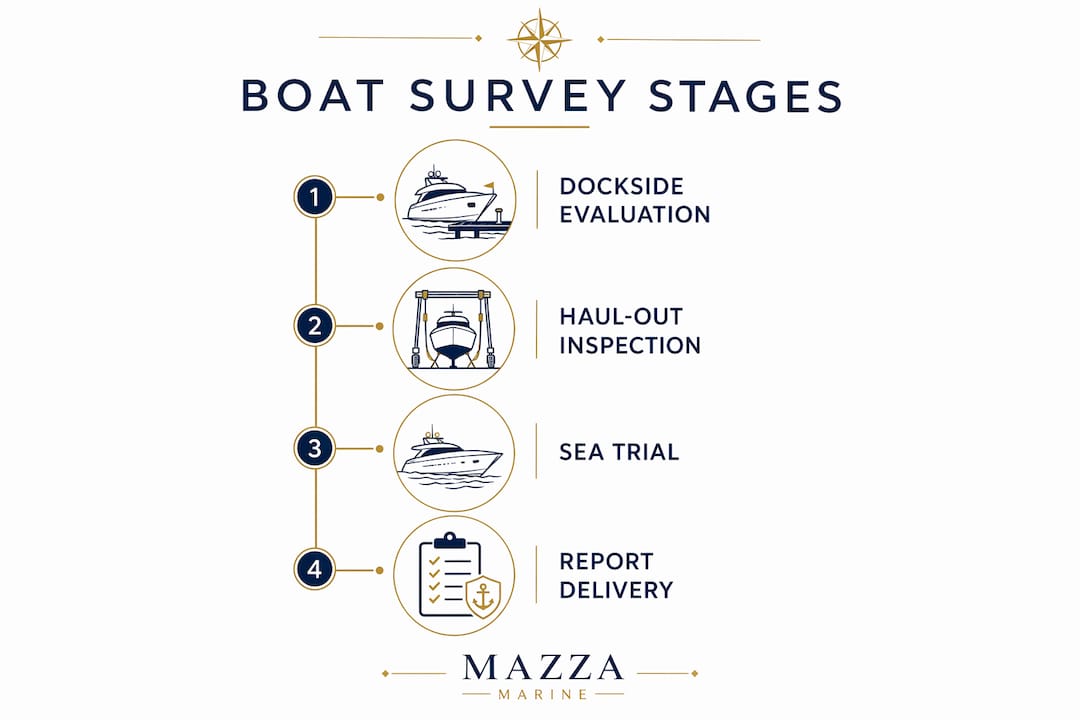 Infographic illustrating four stages of a boat survey