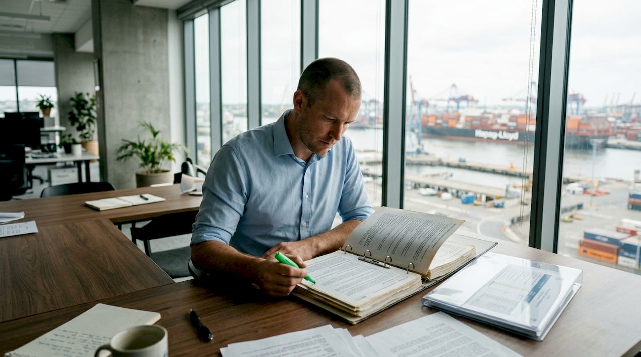 Hands reviewing maritime regulations documents