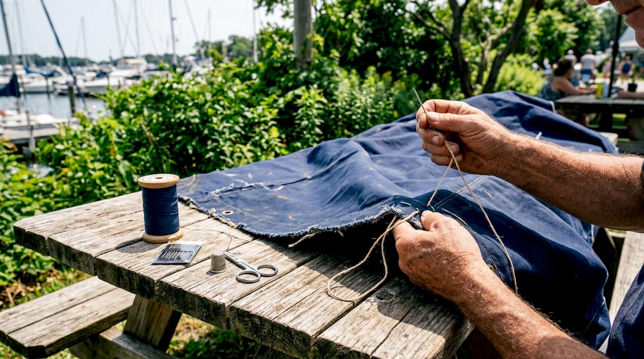 Hands sewing yacht canvas with PTFE thread