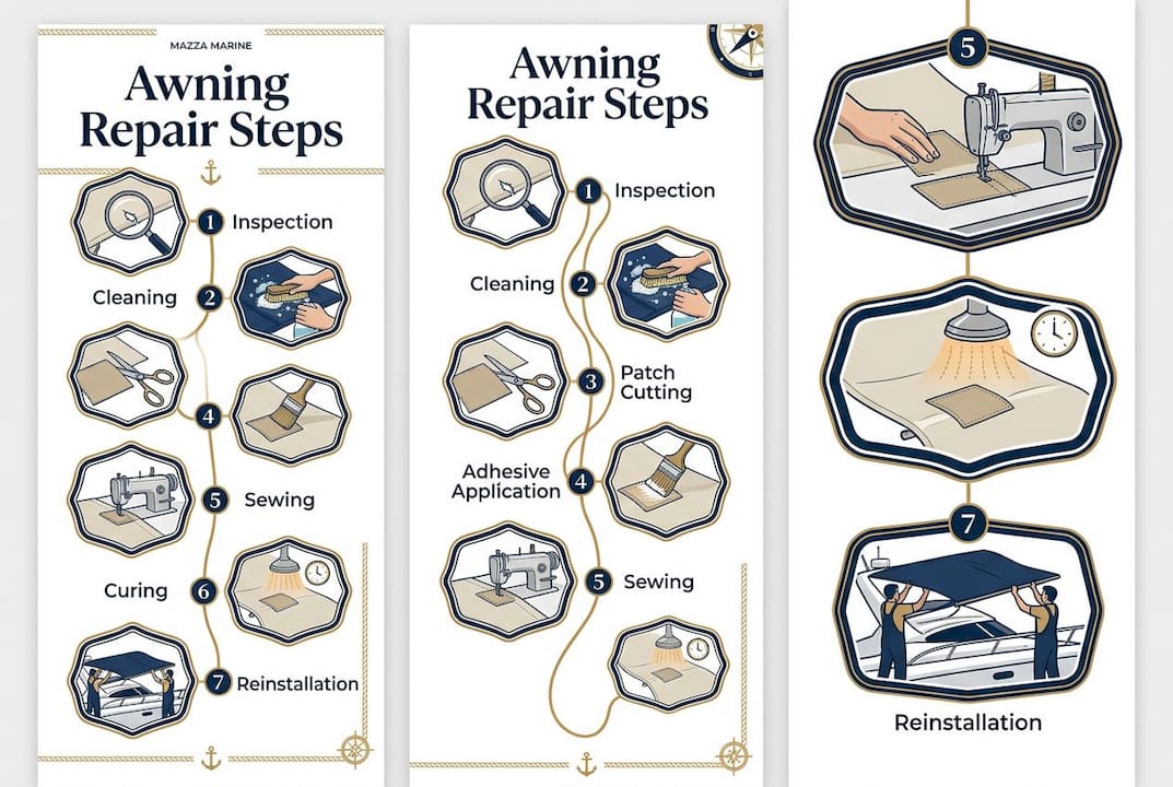 Numbered infographic showing yacht awning repair steps