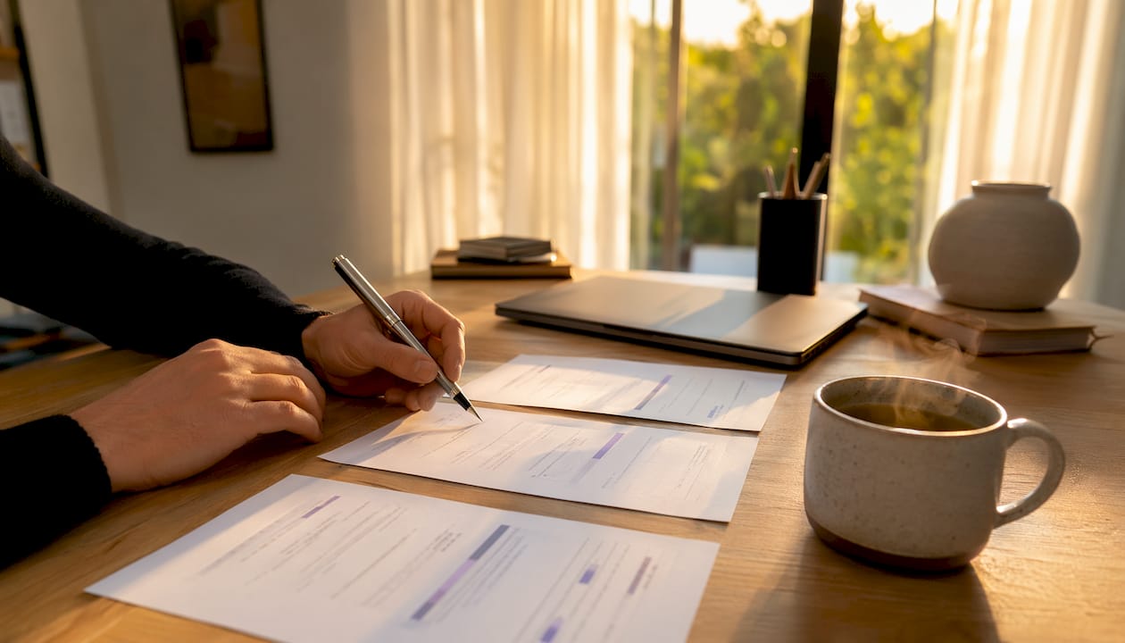 Hands reviewing client service lifecycle documents on desk