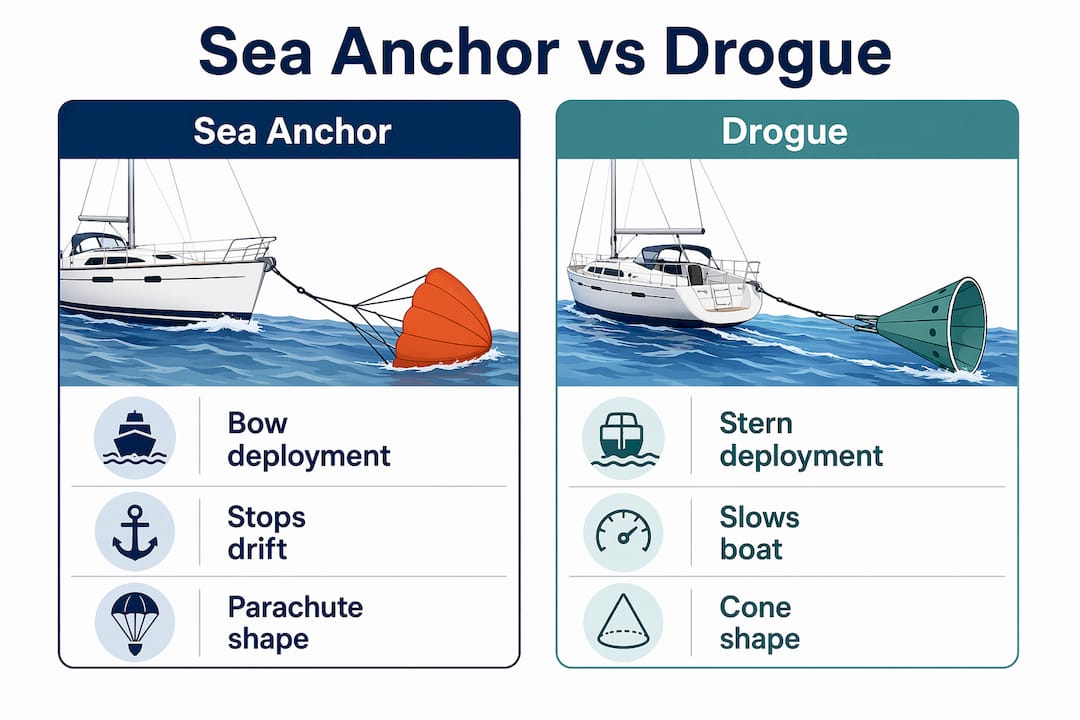 Infographic comparing sea anchor and drogue features