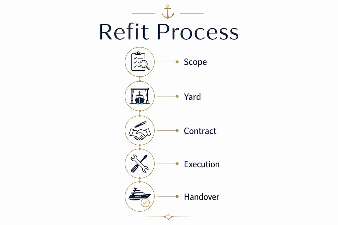 Infographic outlining steps in custom boat refit