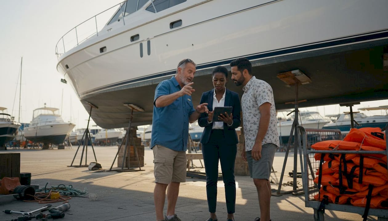 Boat owners selecting refit yard with foreman