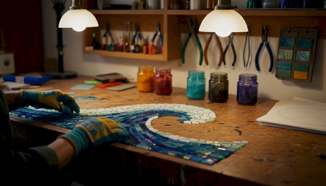 Hands assembling marine mosaic artwork tiles