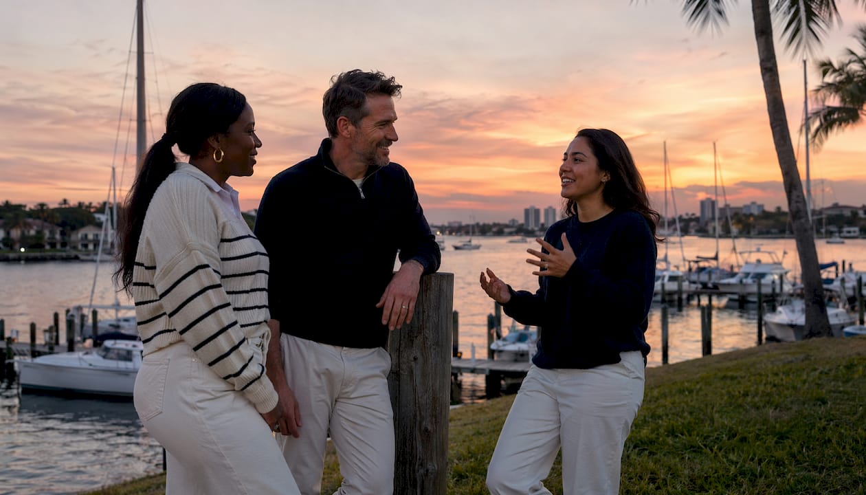 Group discussing boat club options at marina