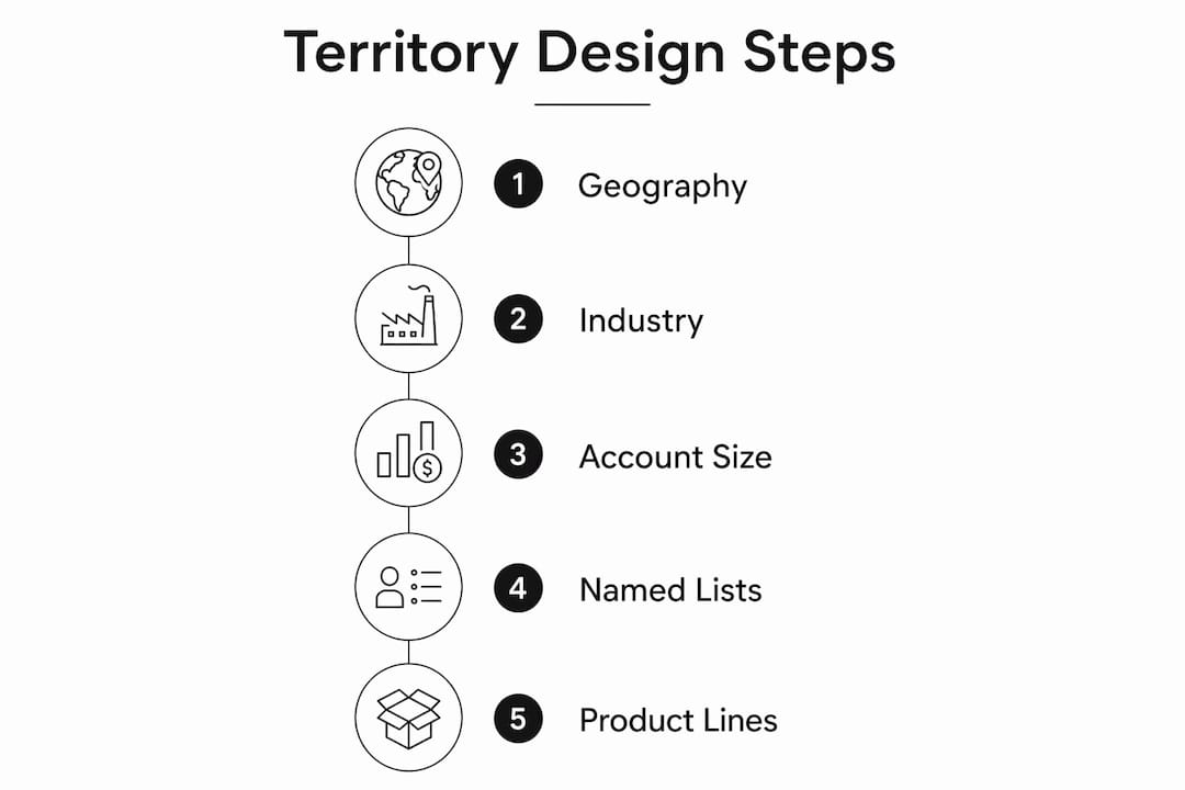 Vertical flow infographic illustrating territory design steps