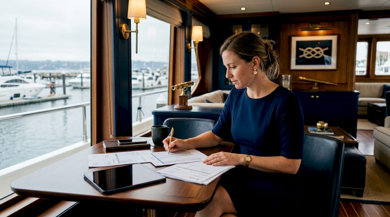 Yacht owner comparing vendor quotes at home office