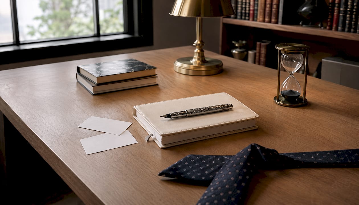 Close-up of writing desk with pen and journal