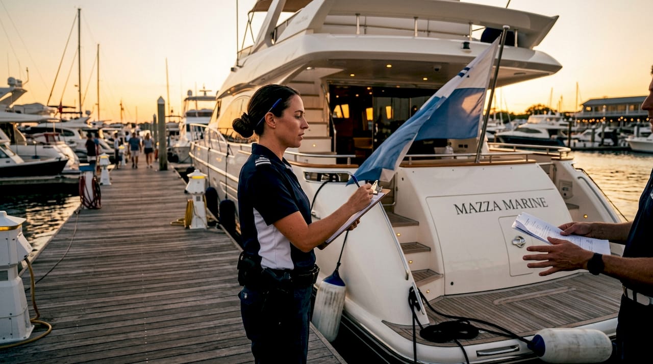 Port officer inspecting yacht flag at marina