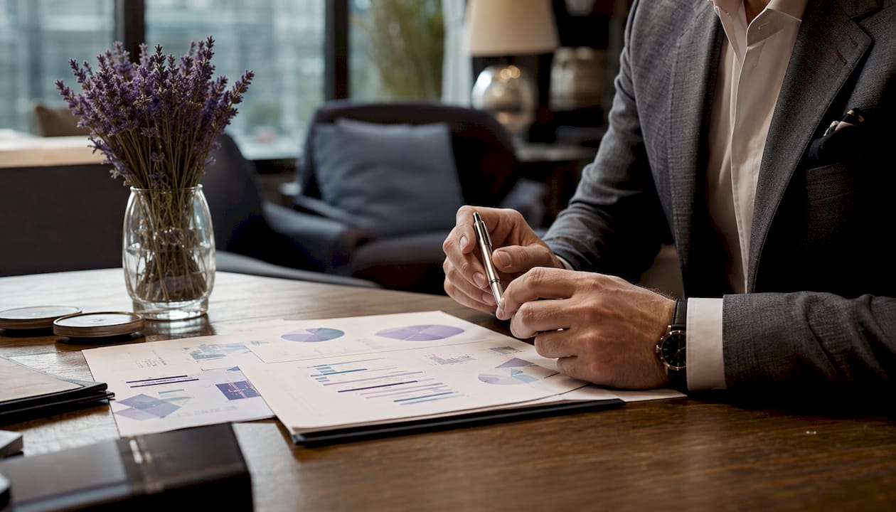 Hands analyzing pipeline metrics in luxury setting
