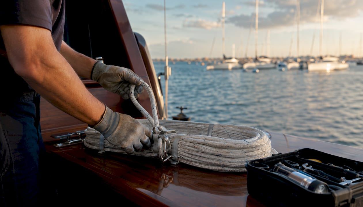 Crew member inspecting yacht safety equipment