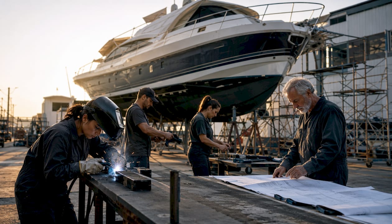 Team working on yacht refit in dry dockyard