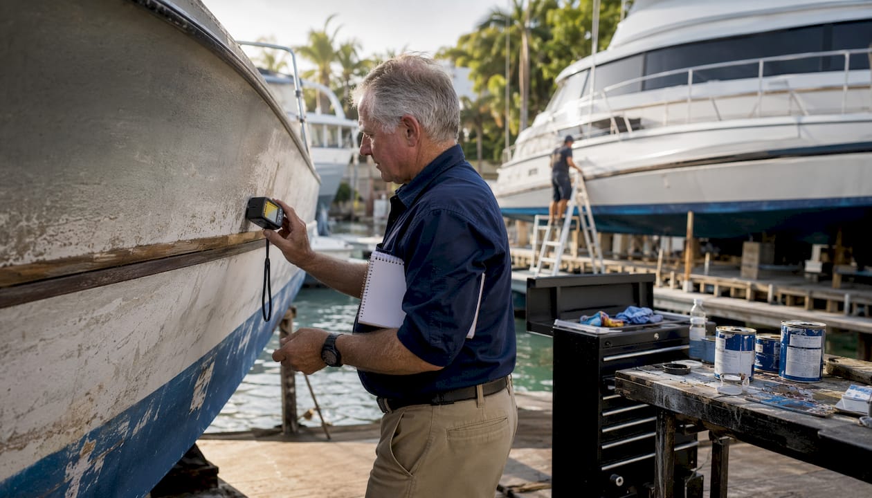 Inspector checking yacht hull moisture at tropical marina