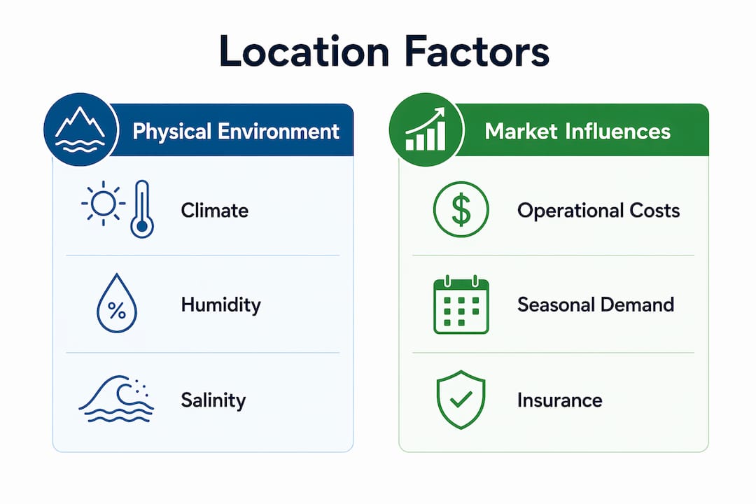 Infographic comparing physical environment and market influences on yacht value