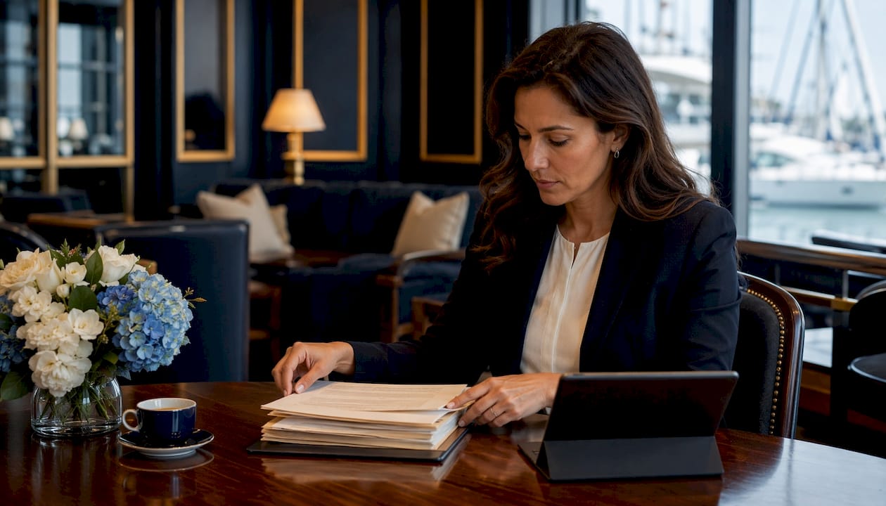 Hands sorting maritime lien documents on table