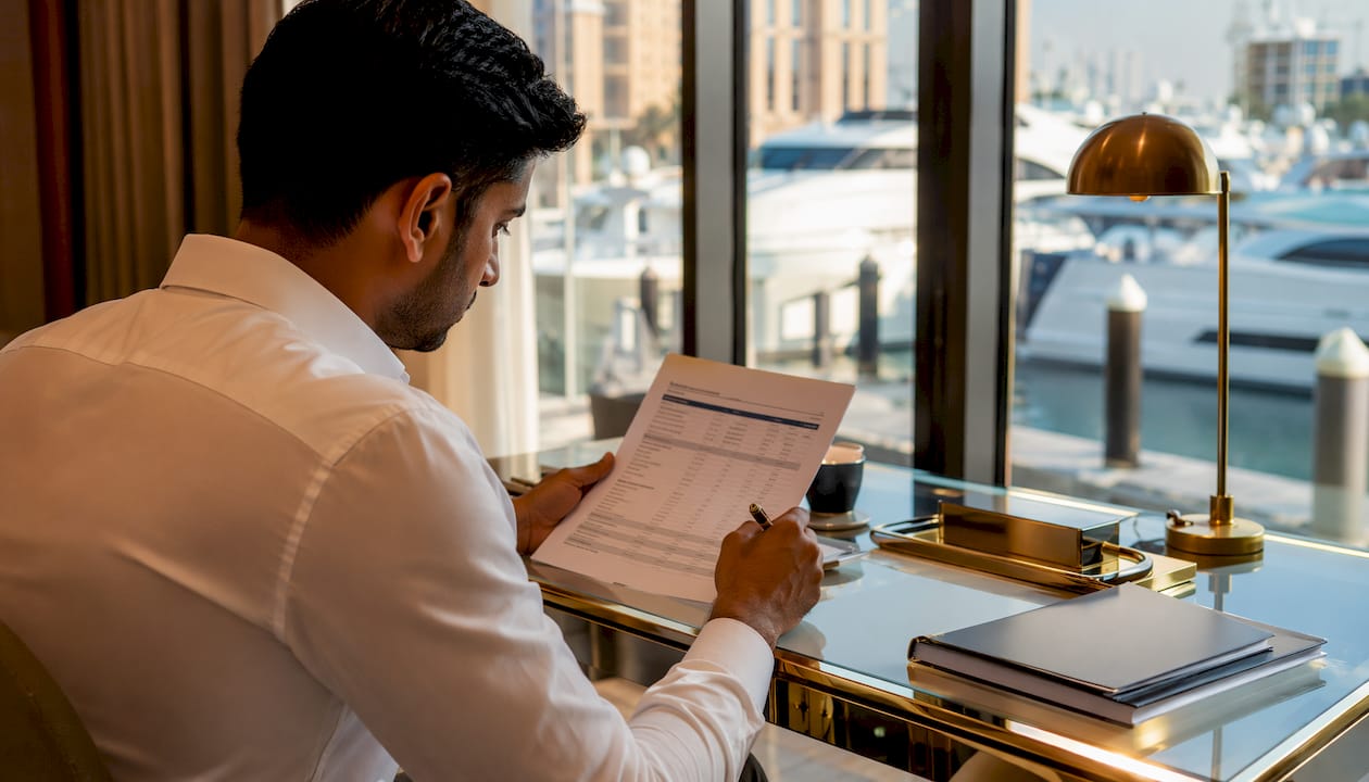 Man reading yacht lien search report in apartment