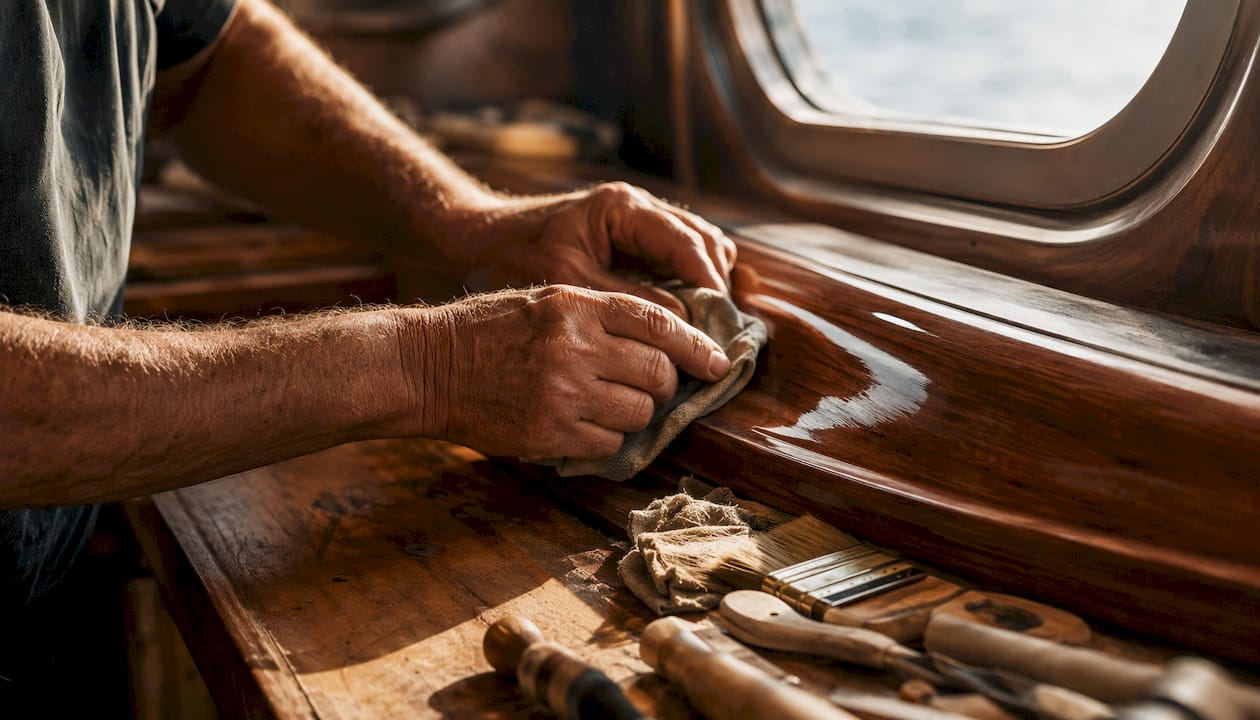 Close-up of hands sanding yacht wood cabinetry