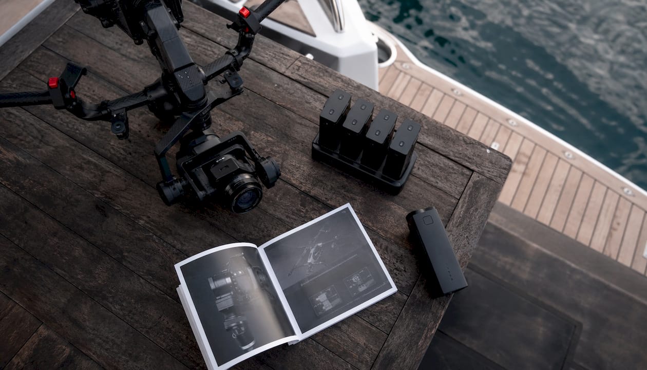 Drone camera setup with manual controls and gear