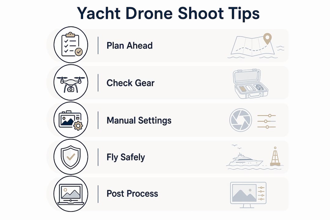 Infographic outlining key yacht drone photography tips in steps