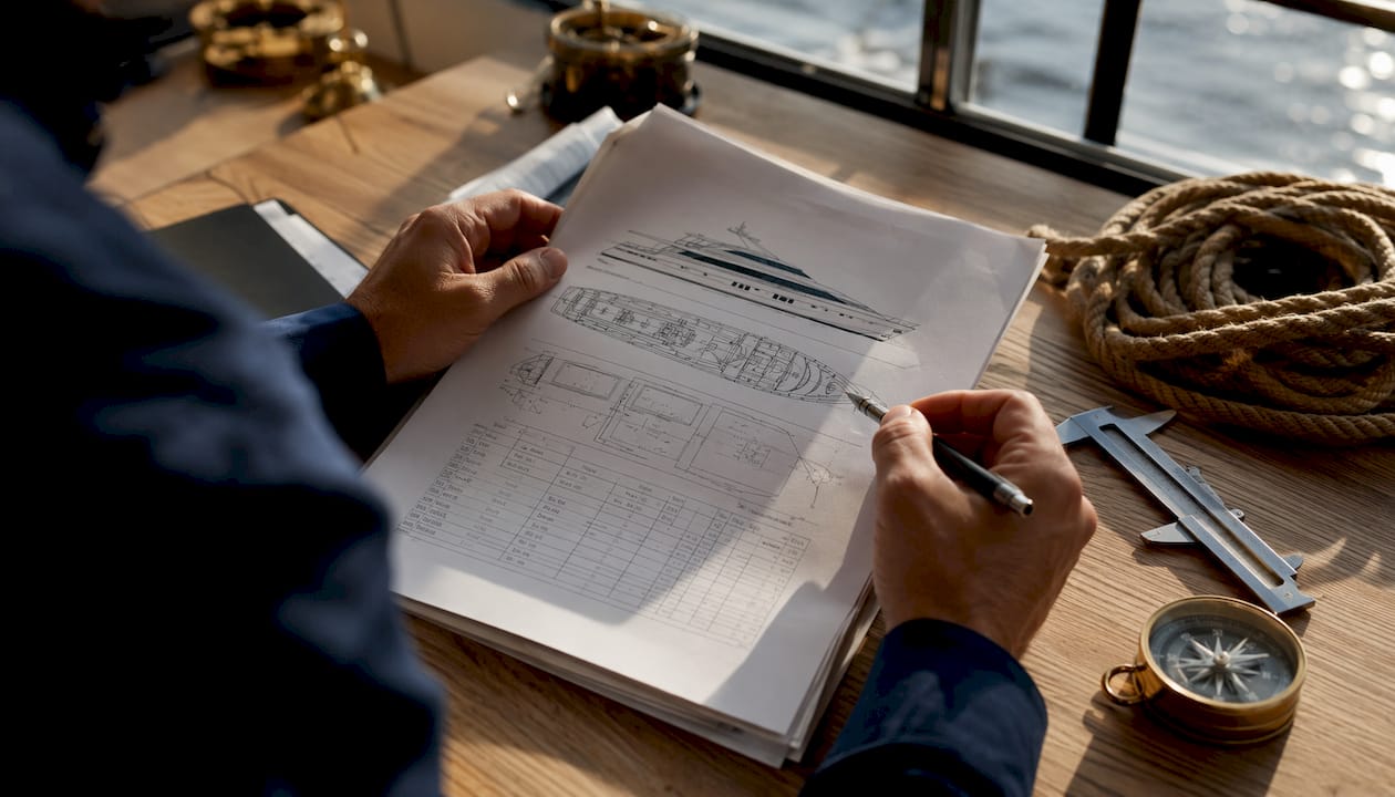 Hands reviewing yacht survey report and tools