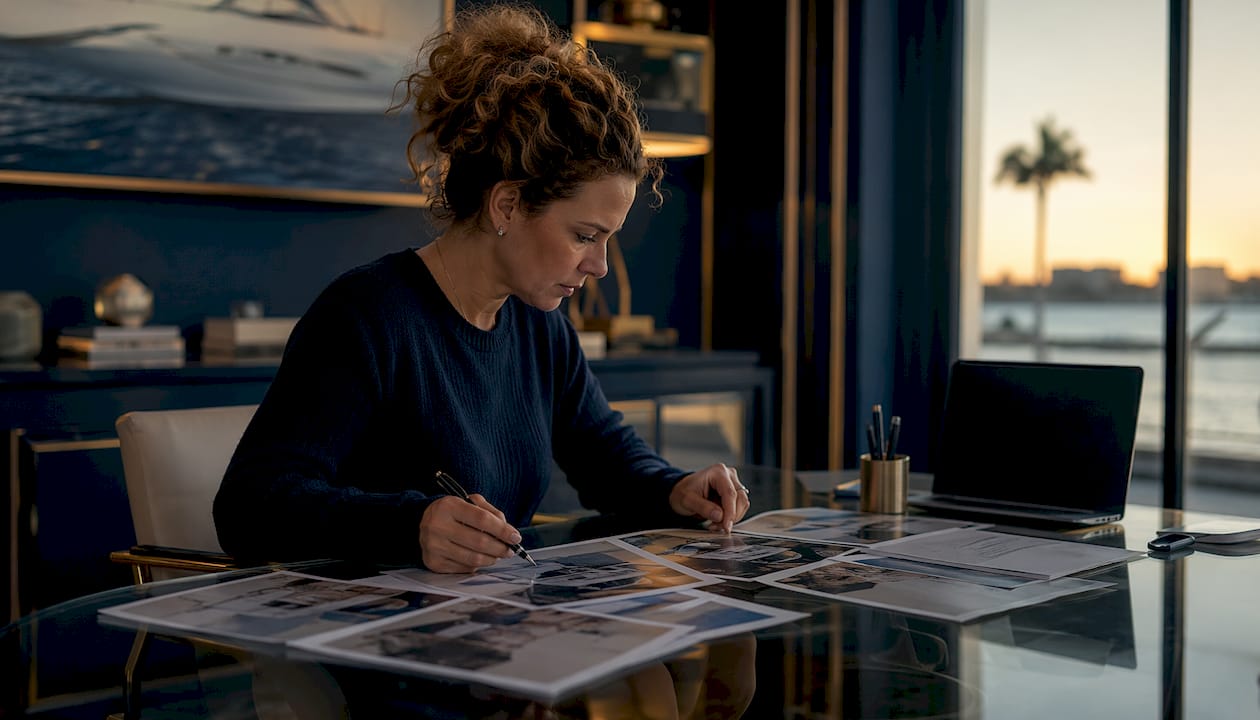 Buyer reviewing printed yacht repair photos
