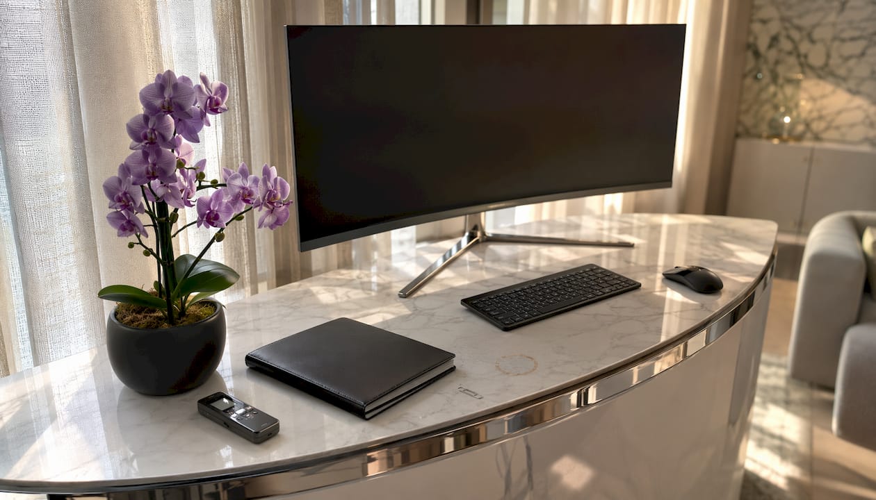 Clean luxury brokerage home office setup