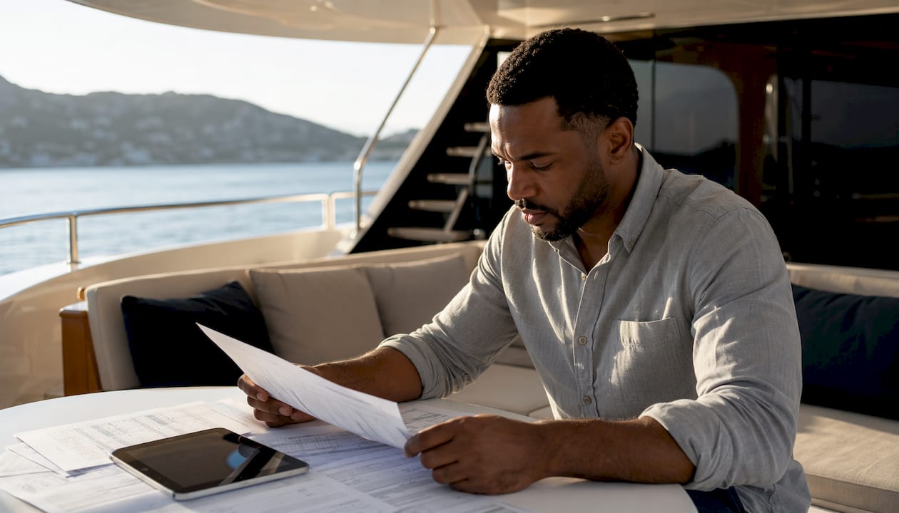 Hands calculating yacht management fees