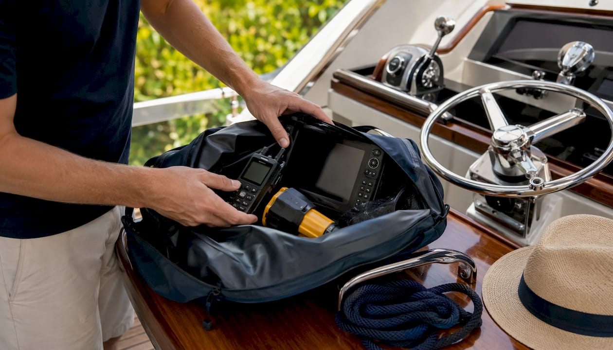 Hands removing electronic devices on sailboat cockpit