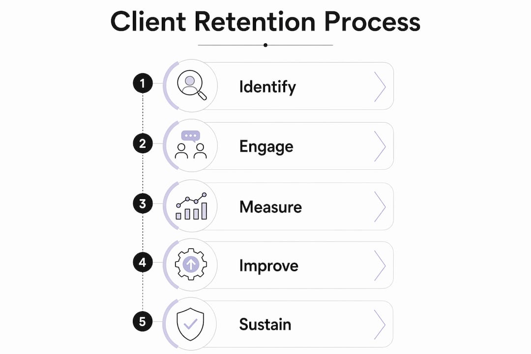 Infographic illustrating client retention process steps