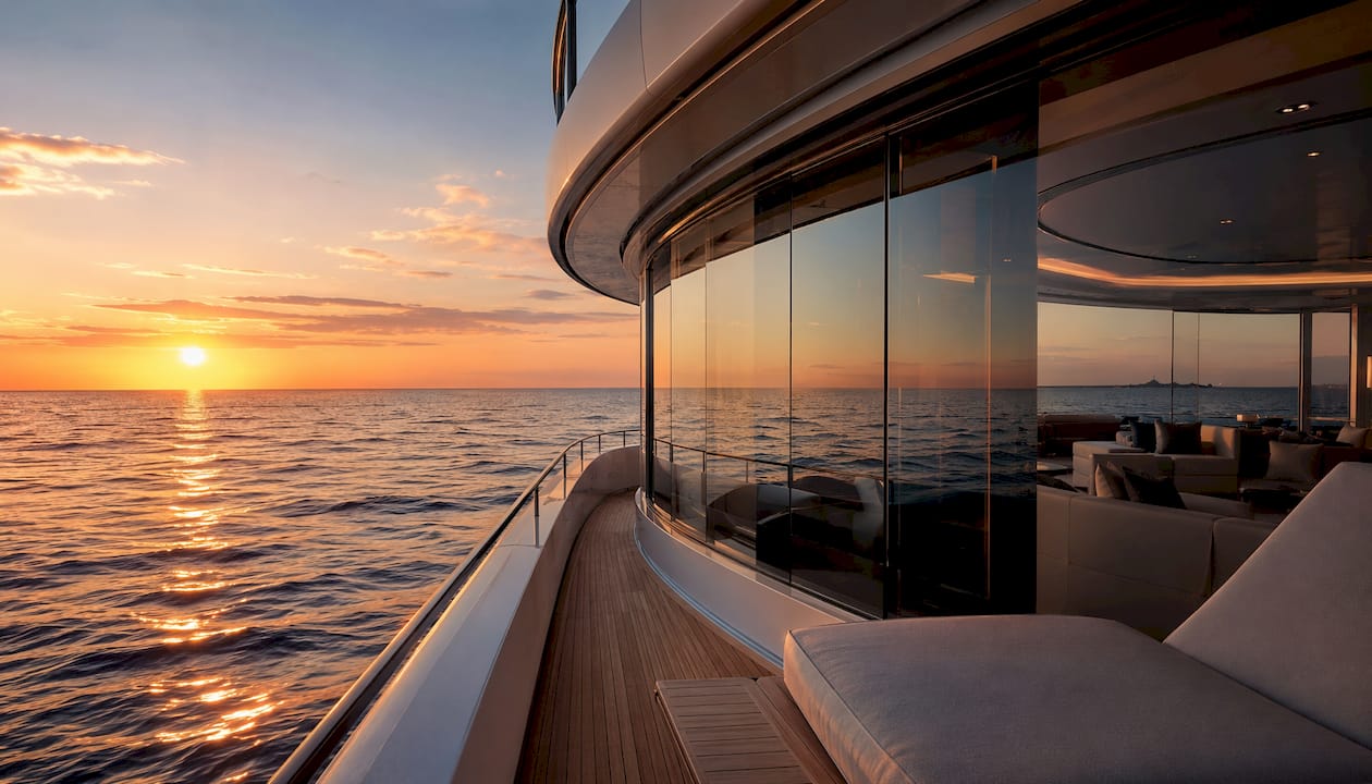 Panoramic curved yacht window overlooking sea