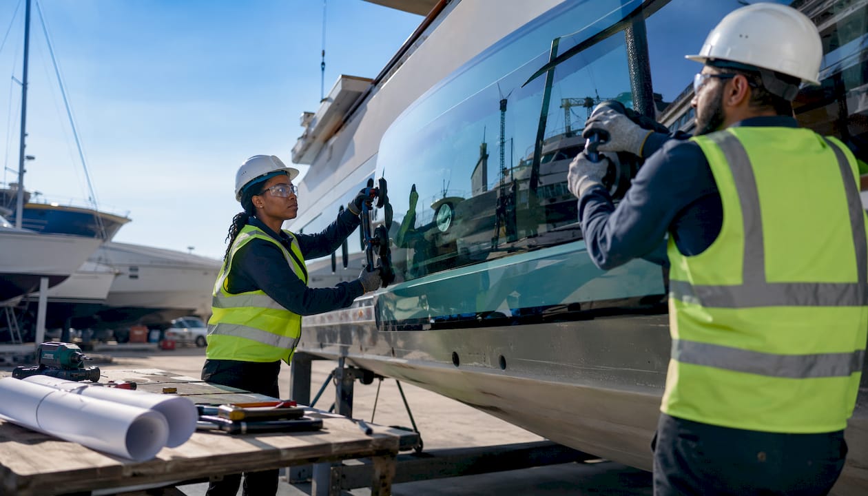 Technicians installing curved glass on yacht hull
