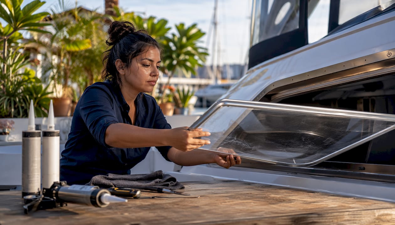 Technician fitting yacht window into frame