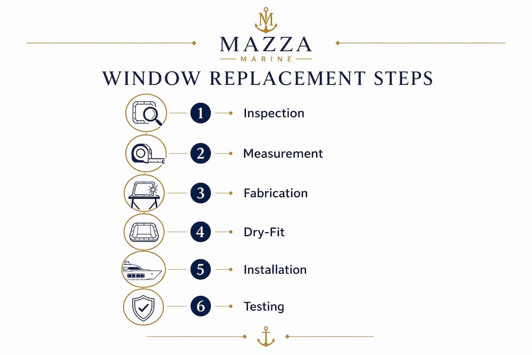 Infographic illustrating yacht window replacement stages
