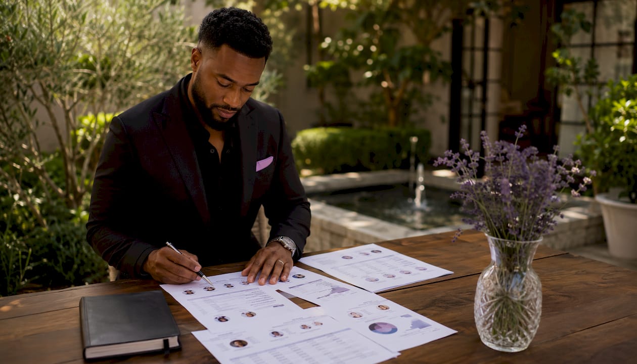 Hands reviewing client profiles at granite desk