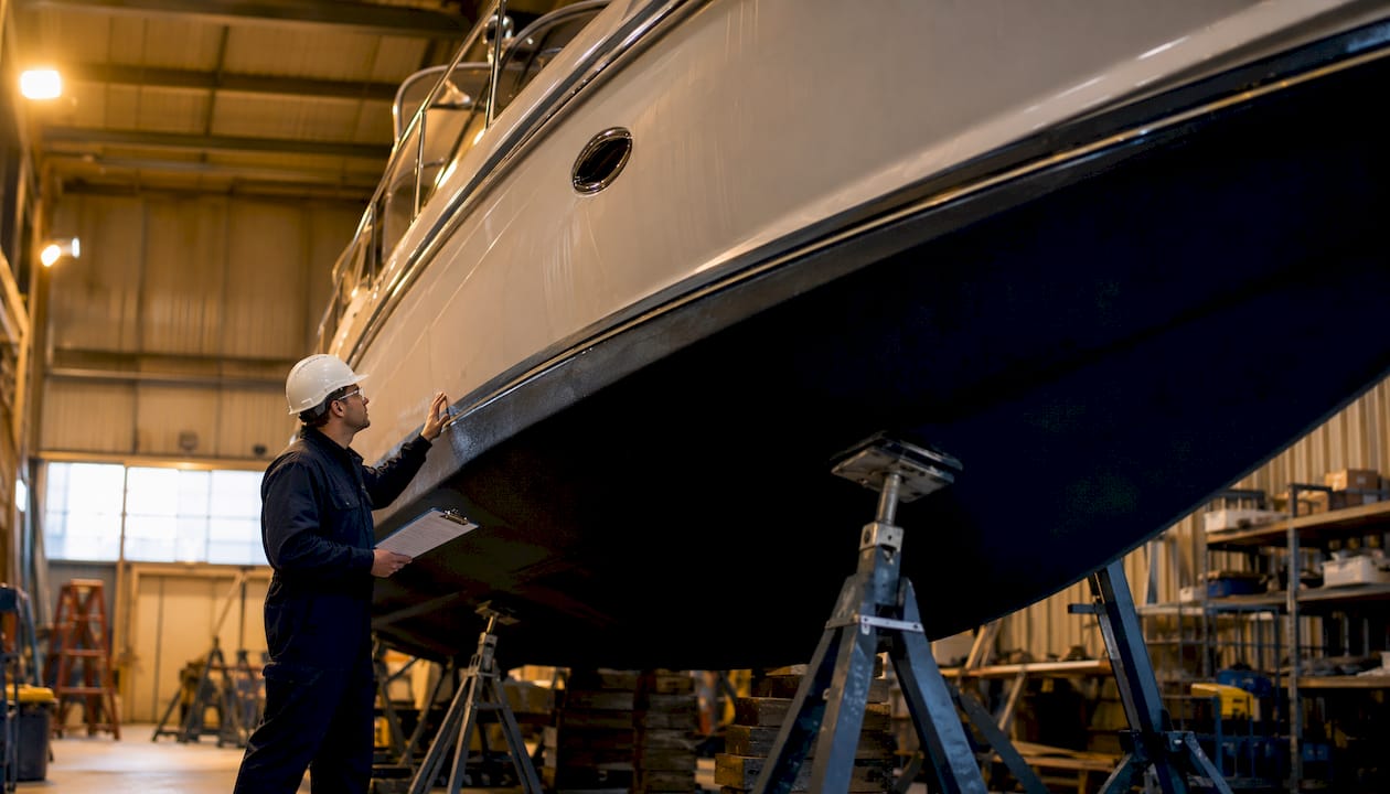 Luxury yacht in covered dry dock winter storage